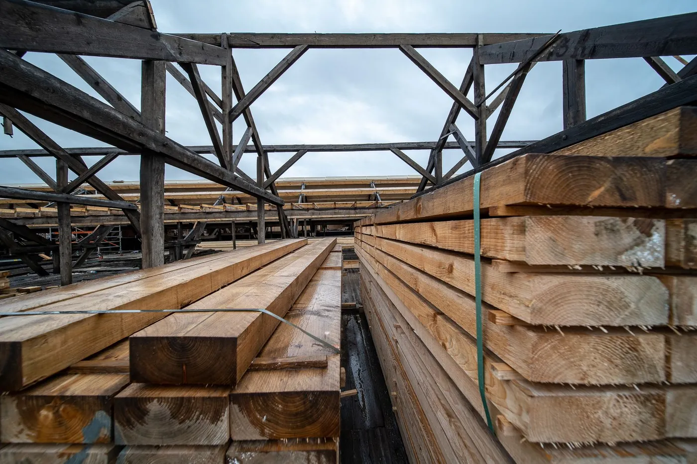 Lumber stored in a warehouse
